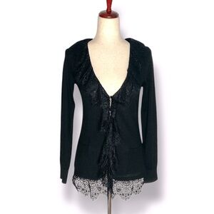 Exetera Paris Black Lace Trim Button V-Neck Knit Cardigan Size 2